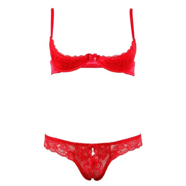 Cottelli Collection Red Lace Quarter Cup Bra and Crotchless Thong Set - image number 3
