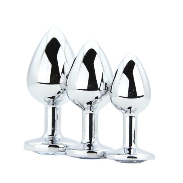 Toosh Metal Butt Plug Set of 3 Silver Clear Stone – image number 1