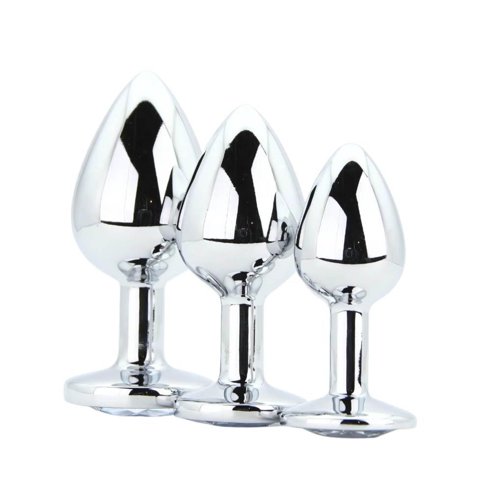 Toosh Metal Butt Plug Set of 3 Silver Clear Stone – image number 1