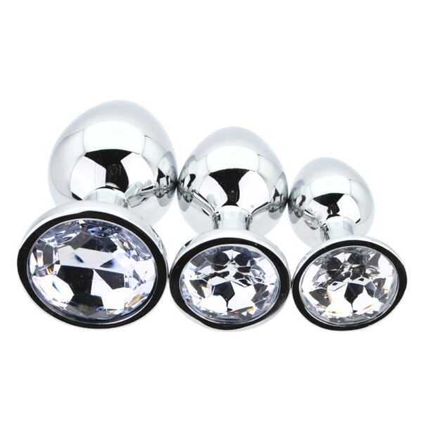 Toosh Metal Butt Plug Set of 3 Silver Clear Stone – image number 2