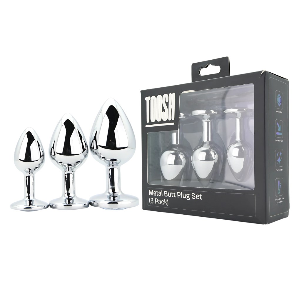 Toosh Metal Butt Plug Set of 3 Silver Clear Stone – image number 3