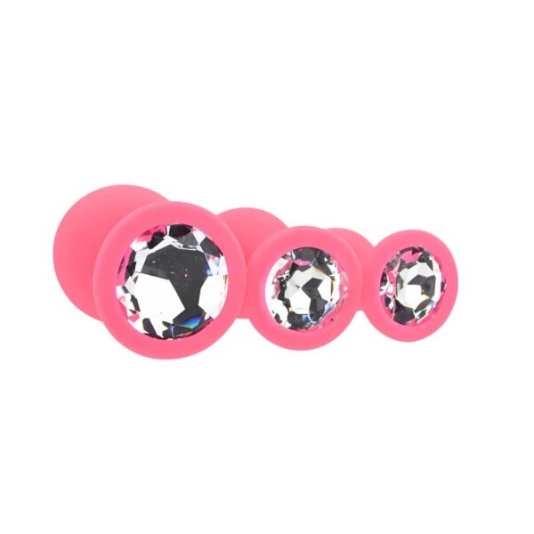 Toosh Pink Silicone Butt Plug Set of 3 with Clear Stone – image number 2