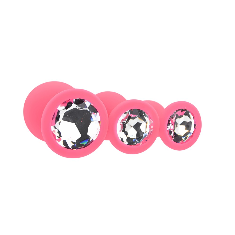 Toosh Pink Silicone Butt Plug Set of 3 with Clear Stone – image number 2