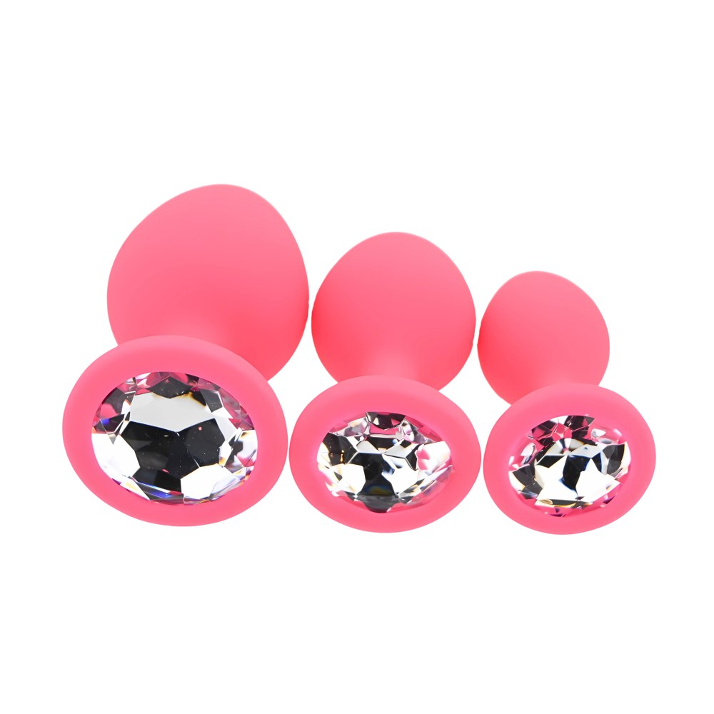 Toosh Pink Silicone Butt Plug Set of 3 with Clear Stone – image number 3