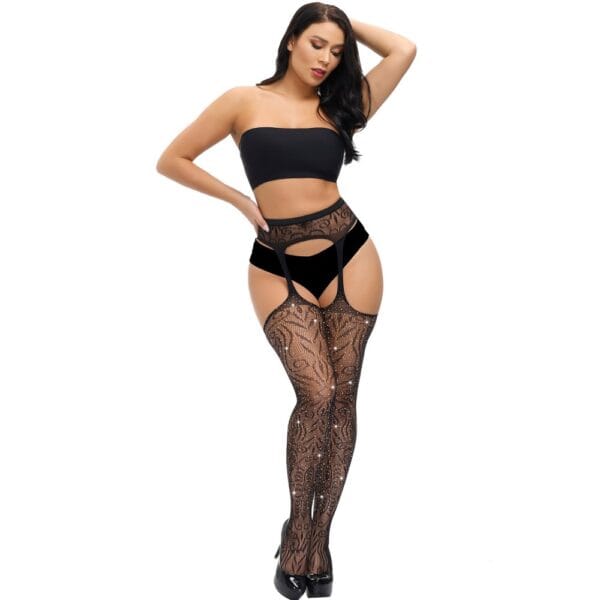 Lace by Loving Joy Plus Size Suspender Pantyhose With Rhinestones – image number 2