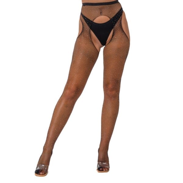 Lace by Loving Joy Rhinestone Fishnet Crotchless Pantyhose Black – image number 1