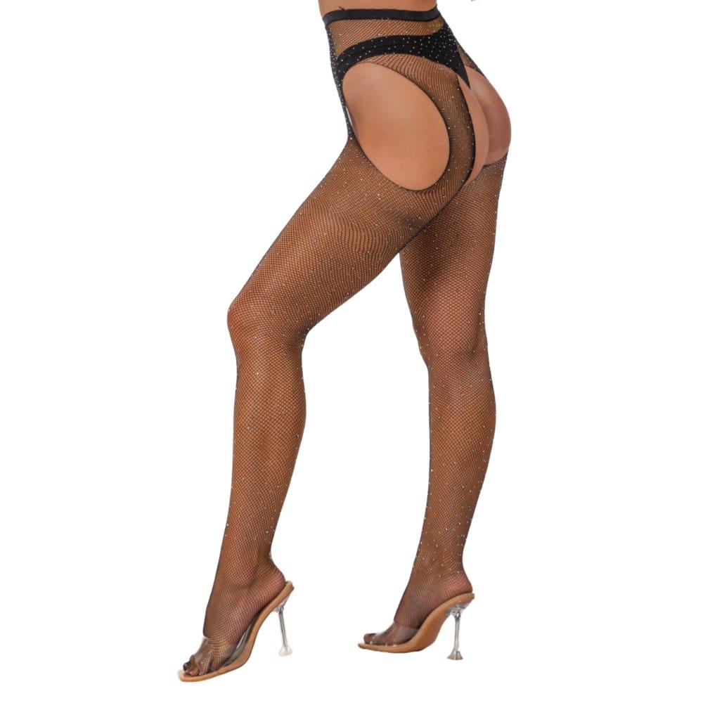 Lace by Loving Joy Rhinestone Fishnet Crotchless Pantyhose Black – image number 2