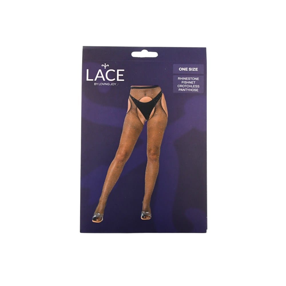 Lace by Loving Joy Rhinestone Fishnet Crotchless Pantyhose Black – image number 4