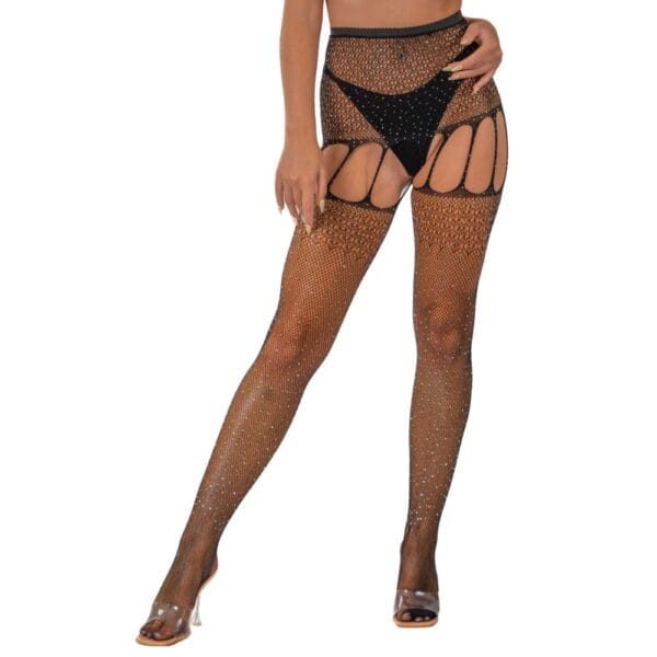 Lace by Loving Joy Rhinestone Suspender Tights Black – image number 1