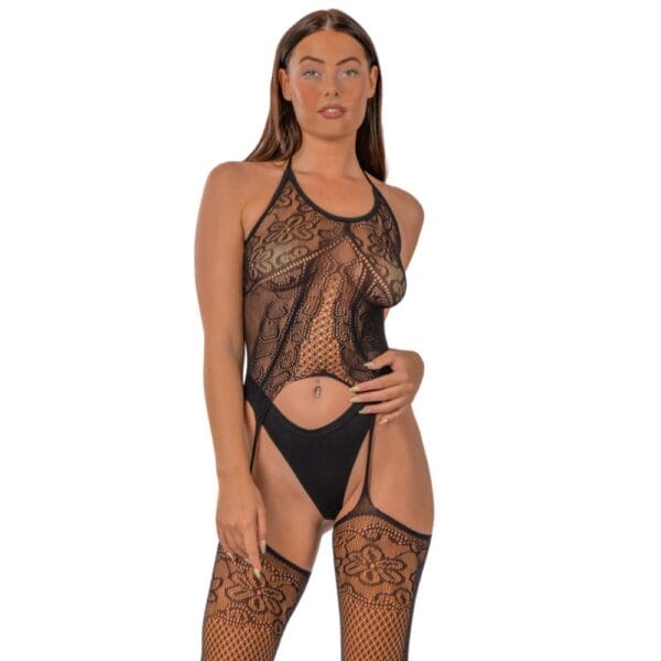 Lace by Loving Joy Lace Suspender Bodystocking Black – image number 1