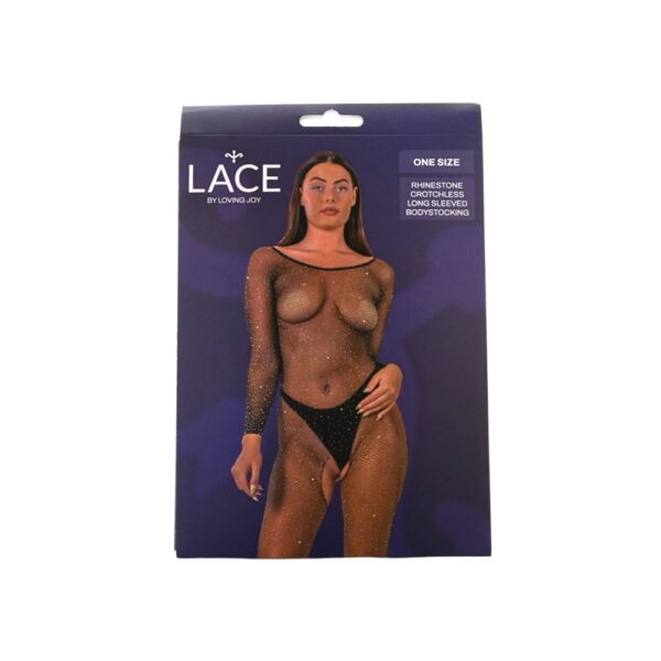 Lace by Loving Joy Rhinestone Crotchless Bodystocking Black – image number 5