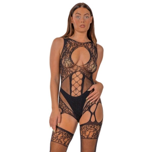 Lace by Loving Joy Cut Out Lace Suspender Bodystocking Black – image number 2