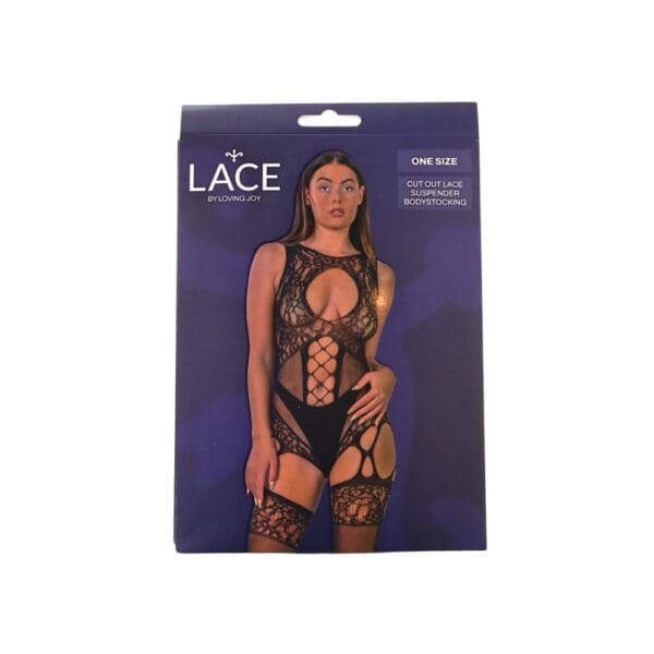 Lace by Loving Joy Cut Out Lace Suspender Bodystocking Black – image number 5