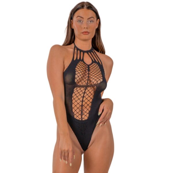 Lace by Loving Joy Strappy Halter Teddy Black – image number 1