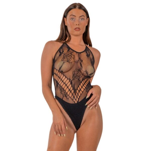 Lace by Loving Joy Floral Halter Bodysuit Black – image number 1