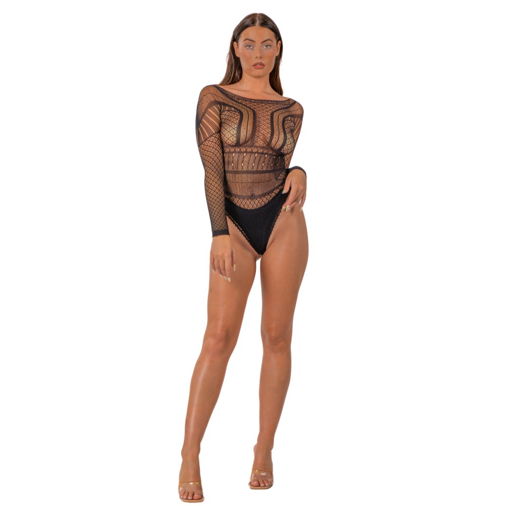 Lace by Loving Joy Seamless Lace Long Sleeved Bodysuit Black – image number 1