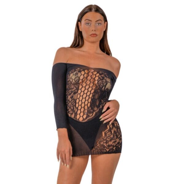 Lace by Loving Joy Off The Shoulder Mini Dress Black – image number 1