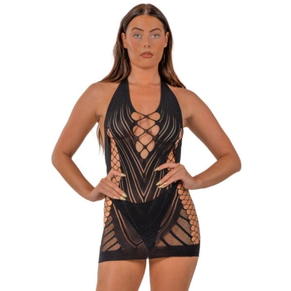 Lace by Loving Joy Halter Neck Faux Lace Up Mini Dress Black – image number 1