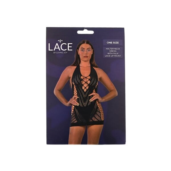 Lace by Loving Joy Halter Neck Faux Lace Up Mini Dress Black – image number 5