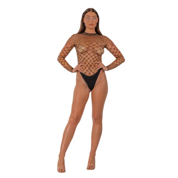 Lace by Loving Joy Fence Net Long Sleeved Thong Bodysuit Black – image number 1