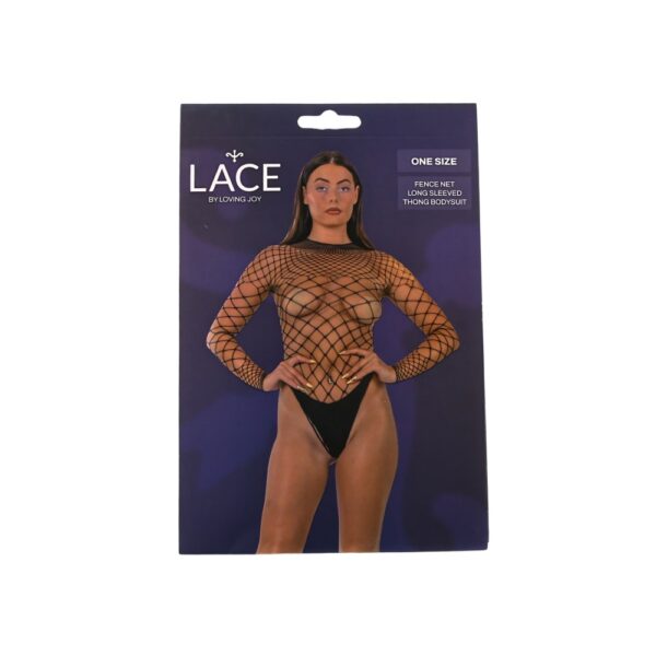 Lace by Loving Joy Fence Net Long Sleeved Thong Bodysuit Black – image number 4