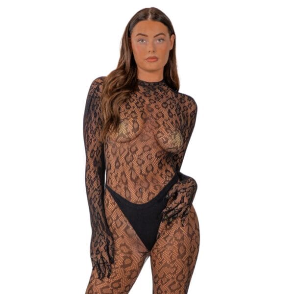 Lace by Loving Joy Leopard Print Open Back Catsuit Black – image number 1