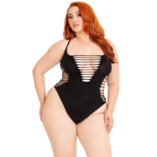 Leg Avenue Shredded Thong Bodysuit Black Plus Size – image number 2