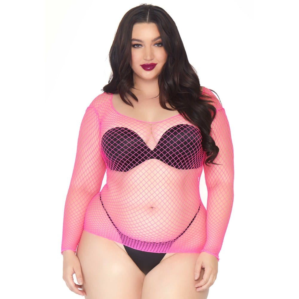 Leg Avenue Long Sleeved Industrial Net Top Neon Pink Plus Size – image number 1