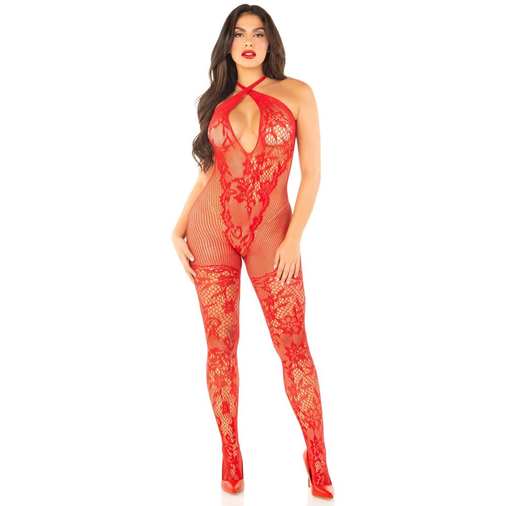 Leg Avenue Red Lace Crossover Halter Bodystocking – image number 1