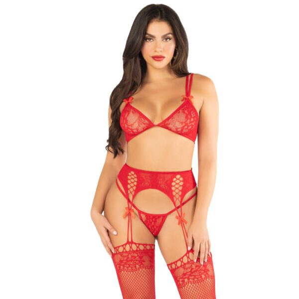 Leg Avenue Bra Top, String and Garter Belt Stockings Red – image number 1