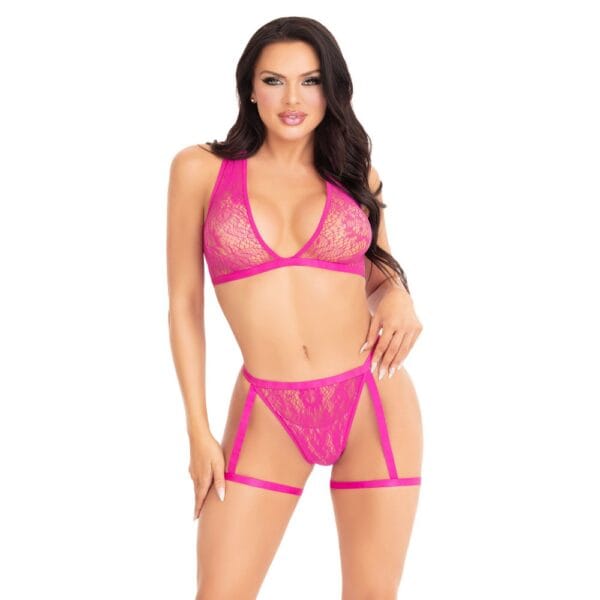 Leg Avenue Pink Lace Bra Top and Panty Set with Garters – image number 1